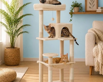 Beige Cat Tree Tower with Sisal Scratching Post Cat Tree with Cozy Condo Plush Hammock Multi Level Cat Tower Cat Perch Indoor Cat Furniture