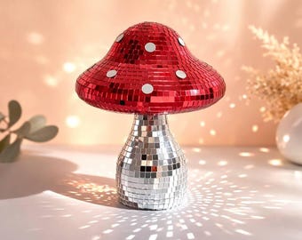 Decorazione a forma di fungo con palla da discoteca, specchio a mosaico, decorazione funky per la casa, decorazione estetica carina per la stanza, regalo per lei, design retrò anni '70, decorazione per feste, decorazione per dormitorio Y2K
