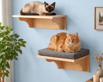Aan de muur gemonteerde kattenplank Houten kattenbaars met kussen Houten kattenmuurplanken Stappen Modern kattenmuurmeubilair Kat klimplank Kattenbed