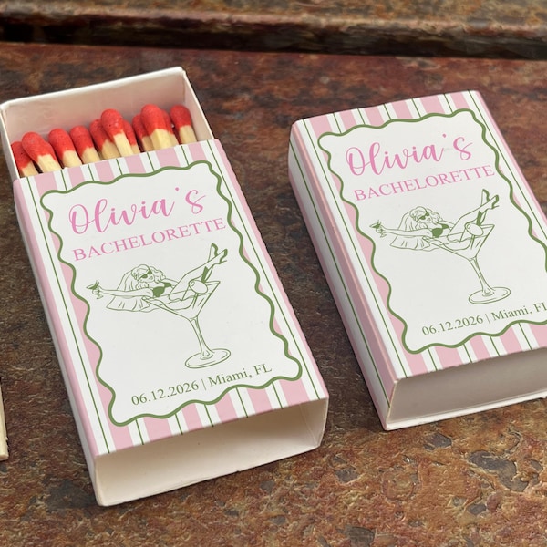 Custom Bachelorette Matchbox Favor, Personalized Bridal Shower Matches, Retro Martini Wedding Favor, Stripe Bridesmaid Gift, Party Keepsake