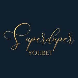 May include: Gold script text on a navy blue background. The text reads "Superduper" in a flowing script, with "YOUBET" in a smaller, sans-serif font below. The overall design is elegant and modern.