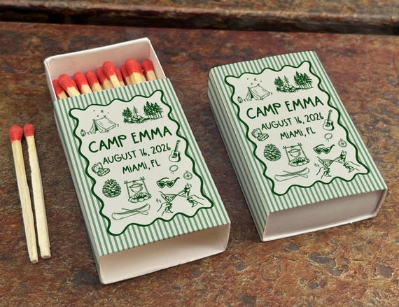 Personalized Camp Matchbox, Summer Camp Wedding Favor Matches, Custom Camping Party Matchbox, Camp Bachelorette Favor, Rustic Wedding Decor