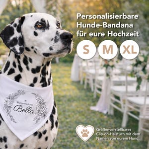 May include: A Dalmatian dog wearing a white bandana with a floral design and the name "Bella". The bandana is part of a personalized dog wedding accessory. Sizes S, M, and XL are available.