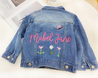 Custom embroidered girls' denim jacket: Can be embroidered with the child's name, personalized butterfly ,flower pattern , a perfect gift.