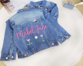 Custom embroidered girls' denim jacket: Can be embroidered with the child's name, personalized butterfly ,flower pattern , a perfect gift.