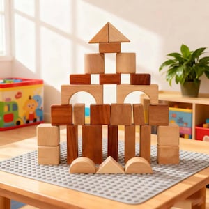 Montessori Wooden Build Blocks Set | Natural Wood Toy for Kids | Educational Construction Toy | Toddler Stacking Blocks | Waldorf Toy Gift