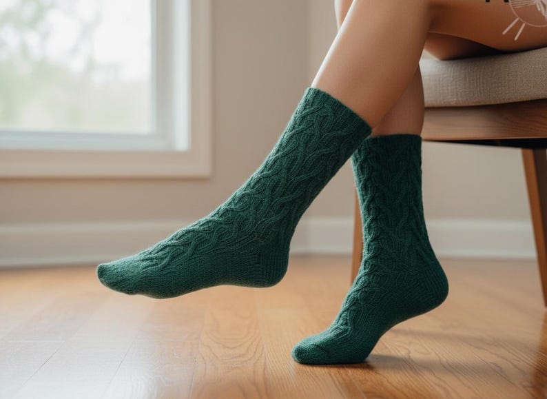 May include: A pair of dark green cable knit socks. The socks are knee-high and have a textured pattern. The socks are worn by a person sitting on a chair, with their feet resting on a wooden floor.