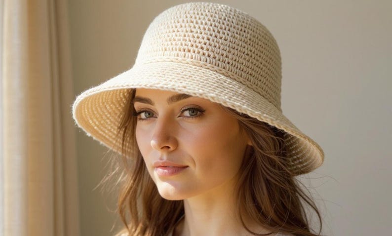 May include: A cream-colored, crocheted sun hat with a wide brim and a rounded crown. The hat is made of a textured, open-weave material, perfect for sun protection. The hat is a stylish accessory for outdoor activities.
