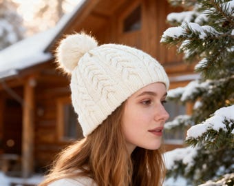 May include: A cream-colored cable-knit beanie with a fluffy pom-pom. The winter hat features a textured pattern and is worn in a snowy outdoor setting. The background includes a wooden cabin and snow-covered evergreen branches.
