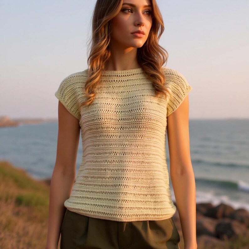 Peut inclure: Haut en crochet jaune clair &agrave; manches courtes. Le haut a une encolure ronde et un motif textur&eacute; &agrave; tissage ouvert. Le mod&egrave;le porte un pantalon vert olive. L'arri&egrave;re-plan pr&eacute;sente l'oc&eacute;an et un coucher de soleil.