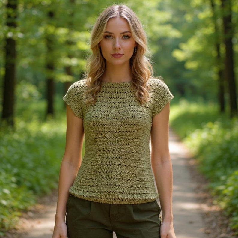 Peut inclure: Une femme porte un haut en tricot vert olive &agrave; manches courtes et un pantalon vert olive. Le haut a une encolure ronde et un motif c&ocirc;tel&eacute; horizontal. L'arri&egrave;re-plan est un sentier forestier flou.