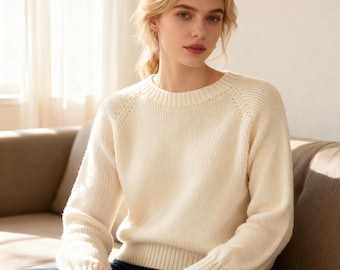 Patrón de suéter raglán muy fácil (PDF), proyecto de tejido para principiantes, jersey clásico de cuello redondo con corte holgado, hilo de grosor DK, de arriba a abajo.