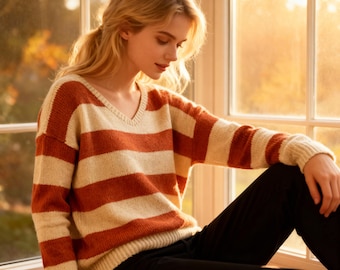 Modello PDF per maglione a righe stile marinaro, classico pullover con scollo a barca per principianti, maglia a maniche lunghe in tessuto leggero sportivo, filato di cotone e merino