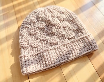 Korbgeflecht Häkelmütze Muster PDF, Wintermütze für Anfänger, Unisex Strickmütze mit Ripsband, handgemachtes Geschenk, digitaler Download