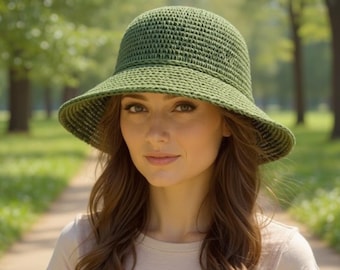 Modello PDF per cappello a secchiello all'uncinetto, cappello di paglia fatto a mano per principianti, tutorial per cappello da sole estivo all'uncinetto, modello per accessorio da spiaggia, download digitale