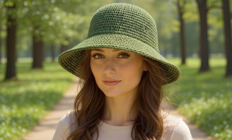 May include: A green crochet sun hat with a wide brim. The hat is made of a textured, woven material. The hat is worn by a person with long brown hair. The background is a blurred outdoor scene with trees.