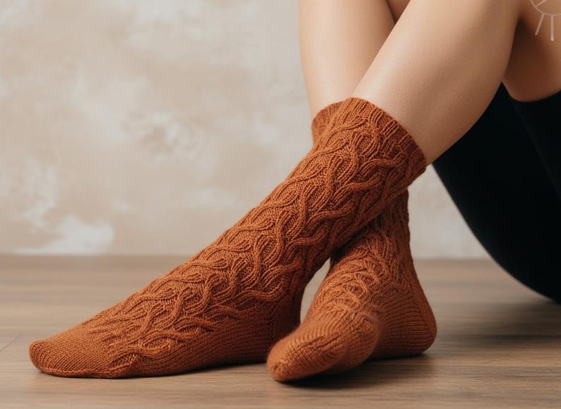 May include: A pair of rust-colored knitted socks with a cable knit pattern. The socks are knee-high and have a textured design. The socks are displayed on a person's legs, with one leg extended and the other bent.