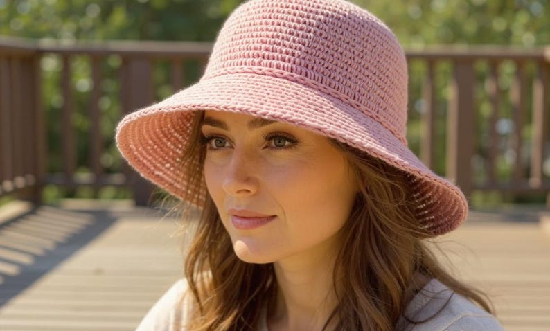 May include: A light pink, crocheted sun hat with a wide brim. The hat is made of a textured yarn and has a slightly rounded crown. The hat is designed to provide shade from the sun.