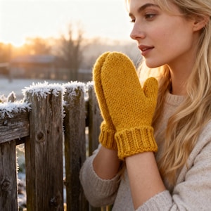 Könnte beinhalten: Senfgelbe Strickfäustlinge mit gerippten Bündchen. Die Fäustlinge werden vor einer Person gehalten, mit einem Holzzaun und einer gefrorenen Landschaft im Hintergrund. Die Fäustlinge wirken warm und gemütlich.