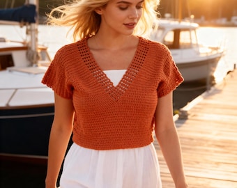 V-Neck Crochet Top Pattern PDF, Beginner Summer Crochet Shirt for Women, Easy Boho Crochet Blouse, Lightweight Cotton Crochet Tee