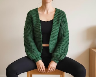 Chunky Knit Cardigan Pattern PDF – Cropped Puff Sleeve XXS XXL