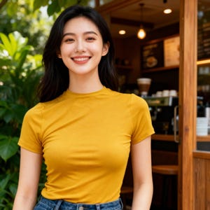 May include: A woman wearing a mustard yellow short-sleeved t-shirt and blue jeans smiles in front of a cafe. The t-shirt has a crew neck and appears to be made of a soft material. The background includes greenery and a wooden cafe entrance.