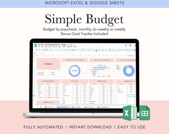 Budget Spreadsheet, Digital Budget Planner, Google Sheets Budget, Excel Budget, Google Sheets Template, Simple Budget Planner