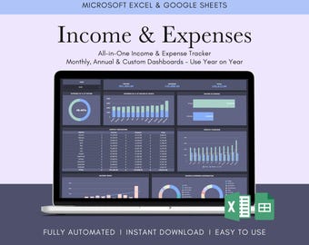 May include: A laptop screen displaying an income and expense tracker dashboard. The screen shows charts and graphs with financial data. The text on the screen reads "Income & Expenses" and "All-in-One Income & Expense Tracker". The bottom of the screen reads "FULLY AUTOMATED I INSTANT DOWNLOAD I EASY TO USE".