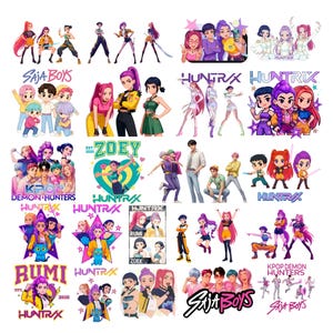 May include: A collection of digital illustrations with vibrant colours and diverse characters. The images include groups of people, stylized figures, and text such as "SAJA BOYS", "ZOEY", and "KPOP DEMON HUNTERS". The overall theme appears to be related to pop culture.