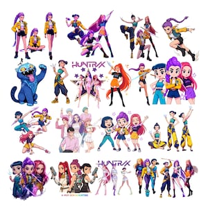 May include: A collection of colorful cartoon illustrations featuring characters in action poses. The images include figures with vibrant hair and clothing, some holding weapons. Text includes "HUNTRAX" and "K-POP DEMON HUNTERS".
