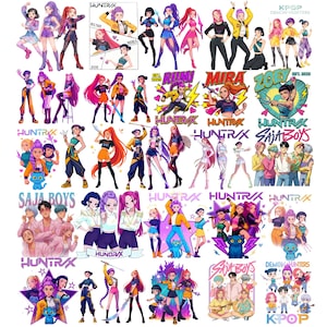 May include: A selection of vibrant digital illustrations showcasing anime-style characters in diverse poses and attire. The images incorporate text elements including "HUNTRAX," "SAJA BOYS," and character names such as "RUMI," "MIRA," and "ZOEY." The overall theme is K-pop and demon hunters.