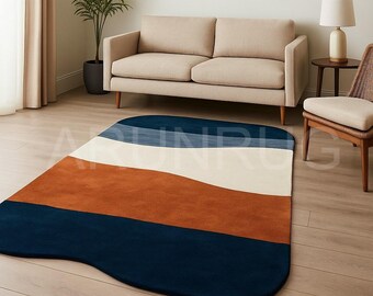 Modern Geometric Area Rug, Navy Blue Orange Cream Color Block, Mid-Century Modern Floor Decor