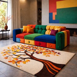 Patchwork Sofa and Tree Design Wool Rug Combo | Artistic Living Room Set
