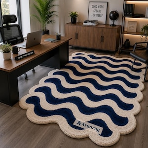 Romantic Navy Blue Wave Rug, Handmade Tufted Wool Area Rug, Modern Irregular Scalloped Carpet, Bedroom Living Room Decor, Arunrug