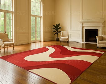 Alfombra abstracta ondulada roja y crema / Alfombra moderna de mediados de siglo