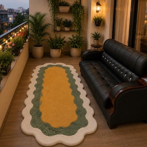 May include: A decorative rug with a scalloped edge in cream, green, and yellow sits on a balcony. A black leather sofa with wooden accents is to the right. Potted plants and string lights add to the cozy outdoor space.