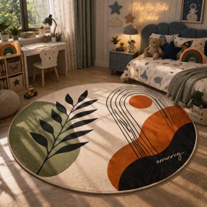 Abstract Round Rug, Boho Leaf Pattern, Minimalist Circle Carpet, Living Room Decor