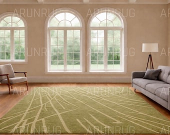 Olive Green Abstract Area Rug | Scandinavian Minimalist Carpet