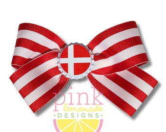 Denmark Flag Ribbon Patriotic Football Futbol Soccer Danes Danish Girls Hair Bow Red White Stripes Hair Clip