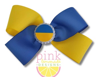 Ukraine Flag Ribbon Patriotic Football Futbol Soccer Ukrainian Girls Hair Bow Clip Blue Yellow Gold Stripes