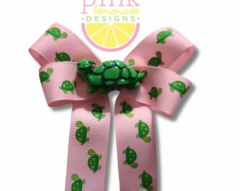Pink and Green Cute Turtle Tortoise Preppy Girls Hair Bow Hair Clip