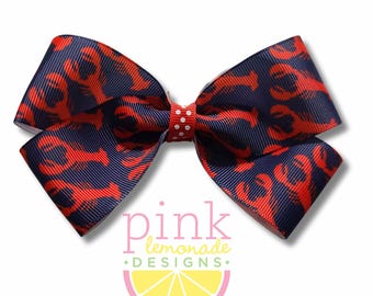 Maine Lobster Navy Red Vacation Portland Freeport Bar Harbor Kennebunkport Lobster Tail Claws Preppy Girls Hair Bow Clip