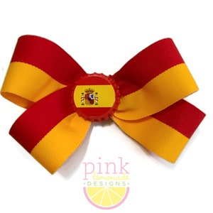 Spain Flag Ribbon Patriotic Soccer Football Futbol Girls Hair Bow Clip Yellow Red Spanish Madrid Barcelona Vacation la Rojigualda Iberian