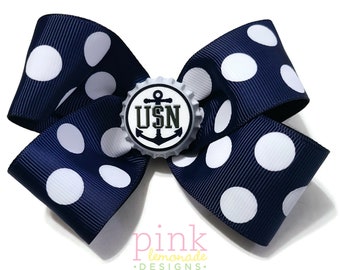 USN US Navy Anchor Logo Polka Dot Girls Hair Bow Hair Clip