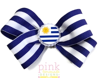 Uruguay Flag Ribbon Patriotic Football Futbol Soccer Uruguayan Girls Hair Bow in Blue White Stripes Hair Clip Sun of May