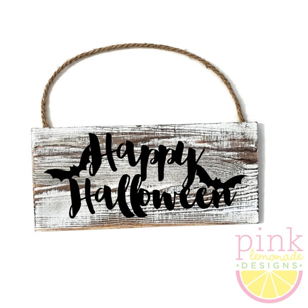 Happy Halloween Bats Spooky Black and White Wash October 31 Rustic Barn Wood Pine Plank Sign with Vinyl Lettering/Design