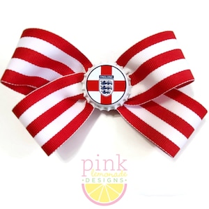 England Flag Ribbon Patriotic UK United Kingdom English British Great Britain Football Futbol Soccer Girls Hair Bow Red White Striped Clip