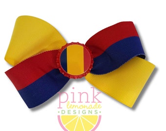 Romania Flag Ribbon Patriotic Football Futbol Soccer Gymnastics Romanian Romani Moldova Girls Hair Bow Clip Red Blue Yellow Stripes