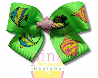 Pink Glitter Tropical Reef Fish Aquarium Pet Fishy Snorkeling Girls Hair Bow Hair Clip in Lime Green