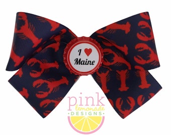 I Love Maine Navy Red Vacation Portland Freeport Bar Harbor Kennebunkport Lobster Tail Claws Preppy Girls Hair Bow Clip